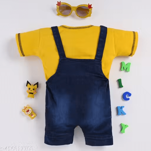 Cotton Dungaree Set | Yellow T-Shirt & Denim Blue Overalls with Teddy