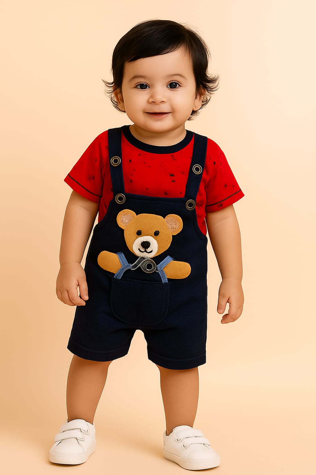 Cotton Dungaree Set | Red T-Shirt & Denim Blue Overalls with Teddy