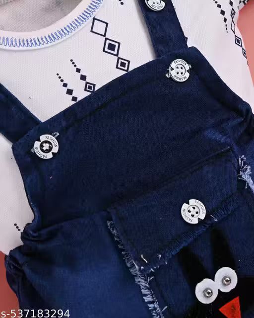 Cotton Dungaree Set | White T-Shirt & Denim Blue Overalls with Teddy
