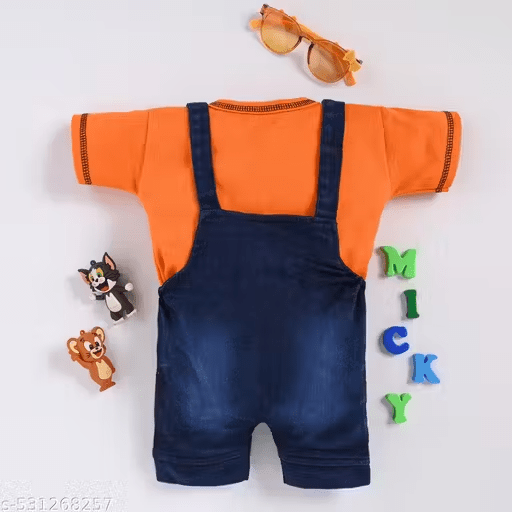 Cotton Dungaree Set | Orange T-Shirt & Denim Blue Overalls with Teddy