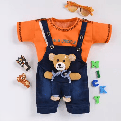 Cotton Dungaree Set | Orange T-Shirt & Denim Blue Overalls with Teddy