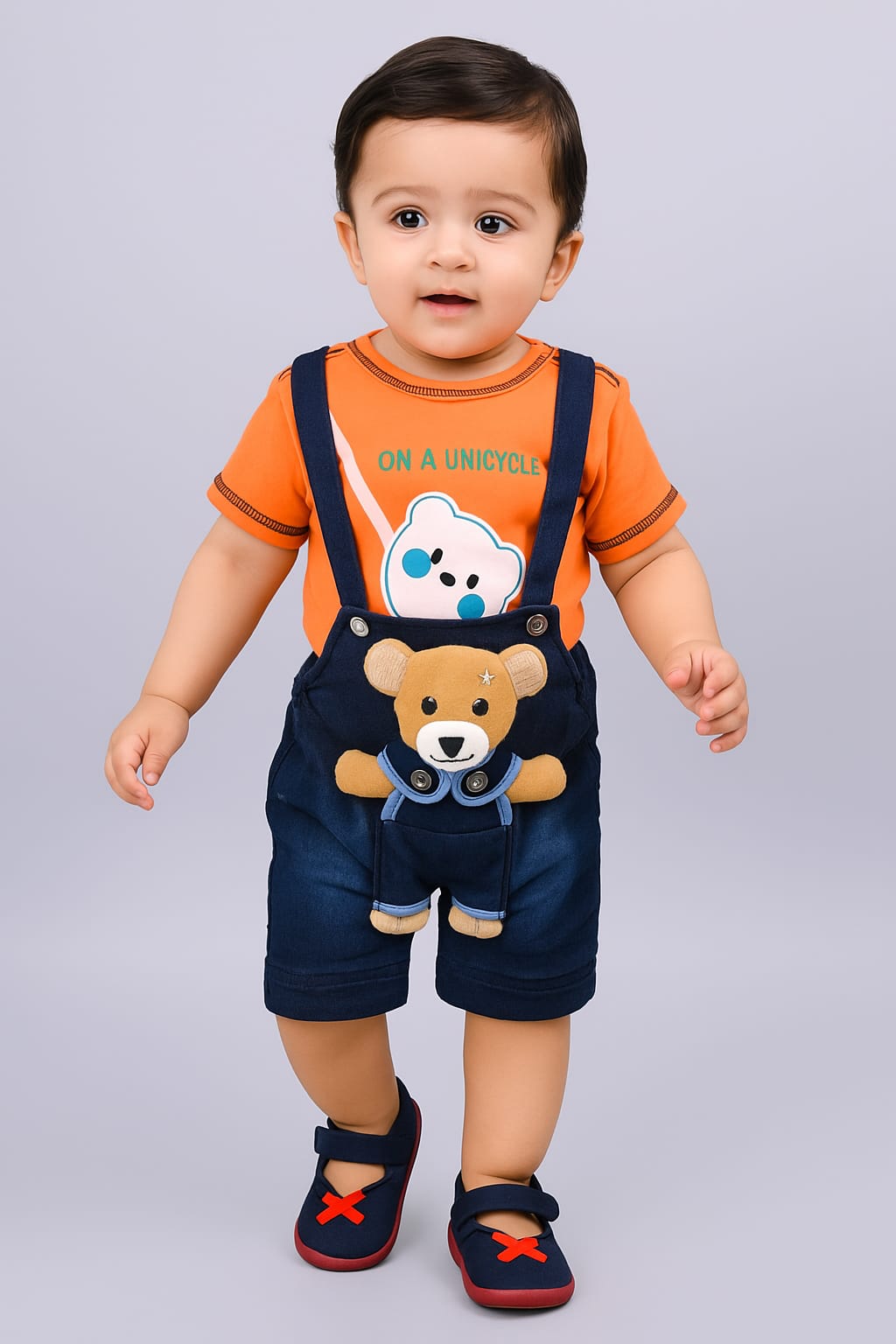 Cotton Dungaree Set | Orange T-Shirt & Denim Blue Overalls with Teddy