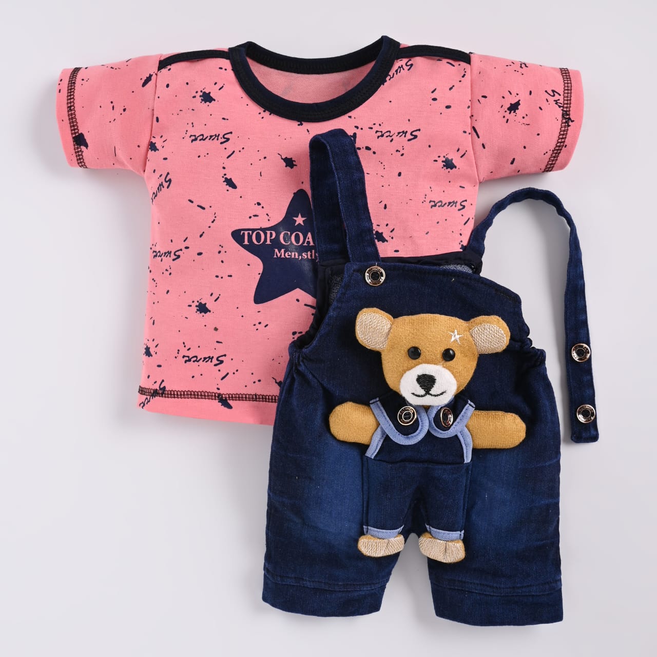 Cotton Dungaree Set | Peach T-Shirt & Denim Blue Overalls with Teddy
