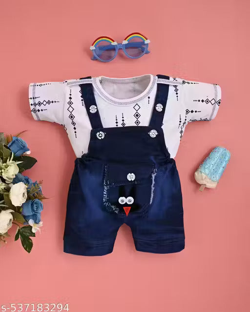 Cotton Dungaree Set | White T-Shirt & Denim Blue Overalls with Teddy