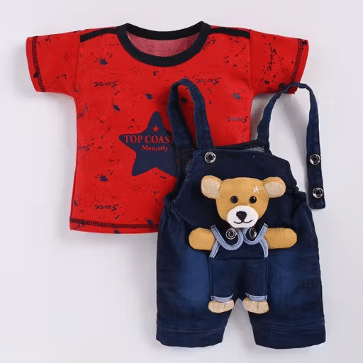 Cotton Dungaree Set | Red T-Shirt & Denim Blue Overalls with Teddy