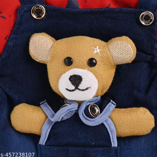 Cotton Dungaree Set | Red T-Shirt & Denim Blue Overalls with Teddy
