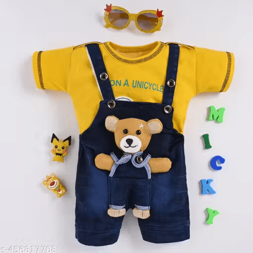 Cotton Dungaree Set | Yellow T-Shirt & Denim Blue Overalls with Teddy