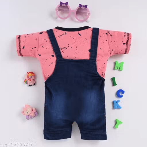 Cotton Dungaree Set | Peach T-Shirt & Denim Blue Overalls with Teddy