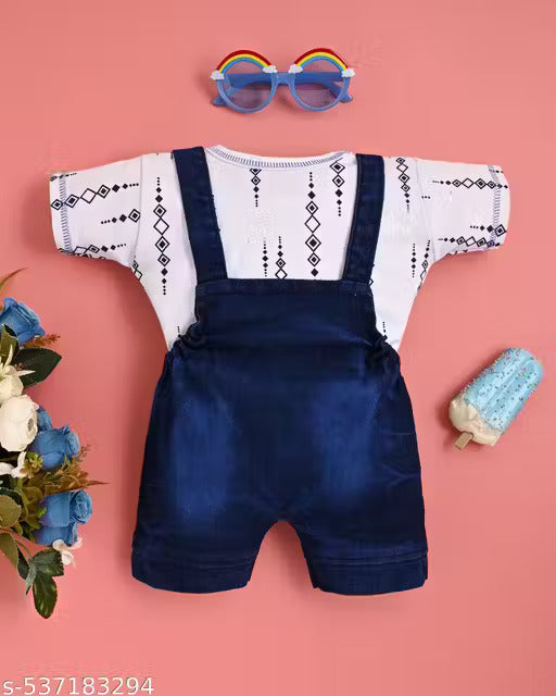 Cotton Dungaree Set | White T-Shirt & Denim Blue Overalls with Teddy