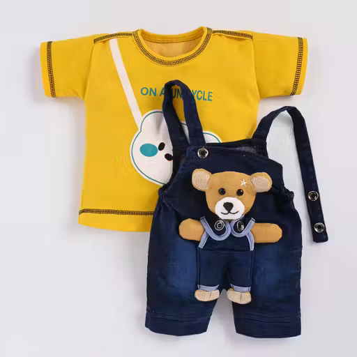 Cotton Dungaree Set | Yellow T-Shirt & Denim Blue Overalls with Teddy
