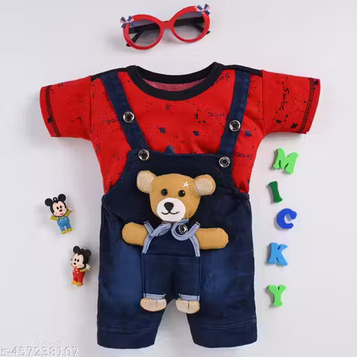 Cotton Dungaree Set | Red T-Shirt & Denim Blue Overalls with Teddy