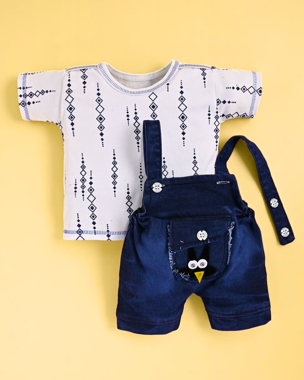 Cotton Dungaree Set | White T-Shirt & Denim Blue Overalls with Teddy
