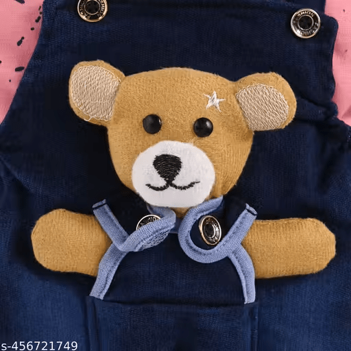 Cotton Dungaree Set | Peach T-Shirt & Denim Blue Overalls with Teddy